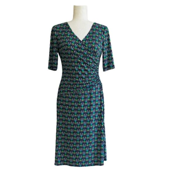 Evan Picone Dress Teal Green Purple Print Short Sleeve Faux Wrap Ruched Size 4 - Picture 1 of 12